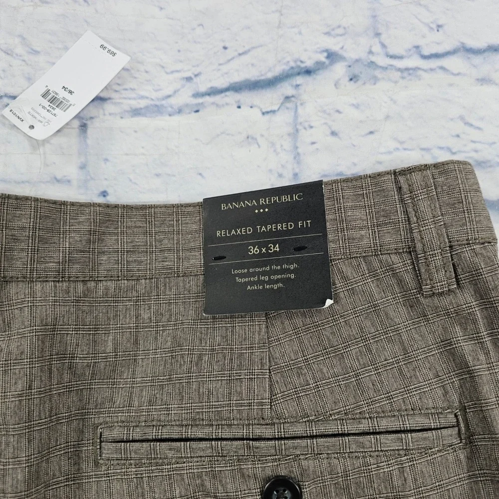 Banana Republic Trousers MENS 36x34 Brown Relaxed Tapered Fit Micro-Check Pants